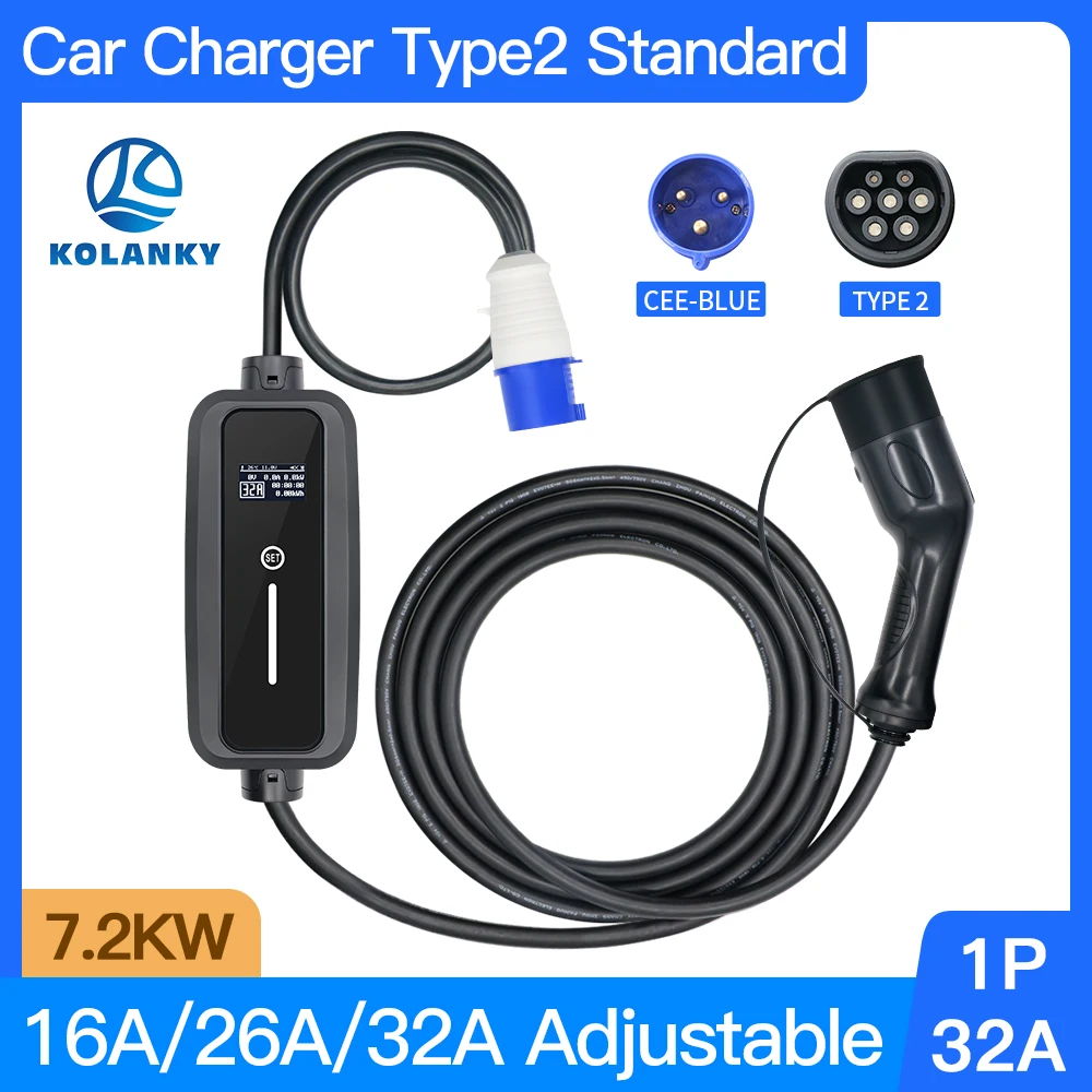 Portable EV Car Charger Type 2 IEC62196-2 32A 1 Phase 7.2KW EVSE Adjustable Current Electric Vehicle Charger for Home 5Meters