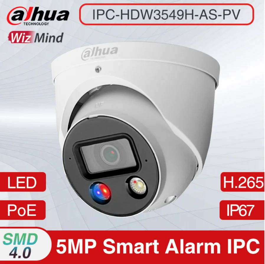 

Dahua IPC-HDW3549H-AS-PV 5MP H.265+ Smart Full-color Active Deterrence Fixed-focal IR 30M Eyeball WizSense Network Camera IP67