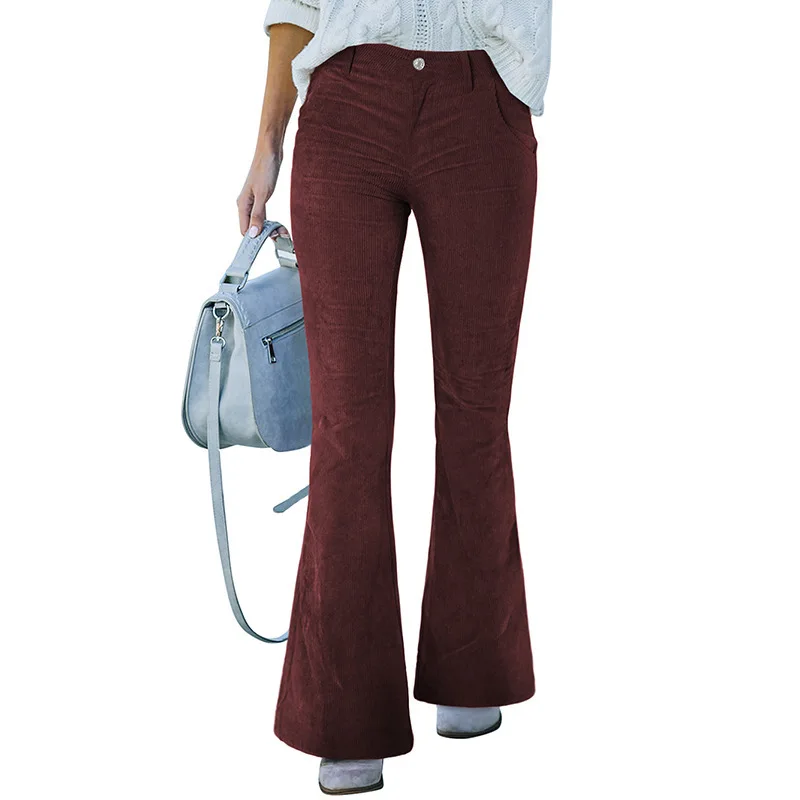 Casual Corduroy Solid Color Double Pockets Flared Trousers Button High Waist Wide Leg Pants Women 2023 Summer New Fashion Office