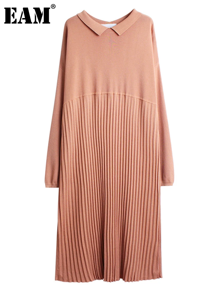 

[EAM] женское Плиссированное вязаное платье цвета хаки большого размера, новое свободное платье с отворотом и длинным рукавом, модная одежда ...