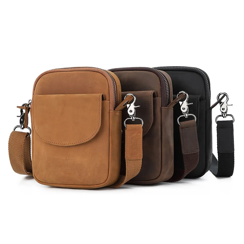 Casual Genuine Leather Crossbody Bags for Men Zipper Top Layer Leather Bag Man Purse Side Bag Shoulder Bag for Men
