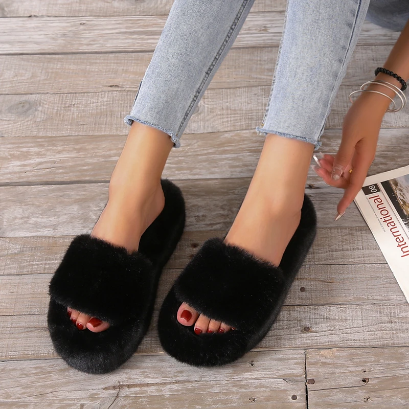 2023 Daughter Quality Luxury One Word Thick Sole Warm Plus Velvet Home Women Shoes Plush Open Toe Cotton Slippers Free Shipping
