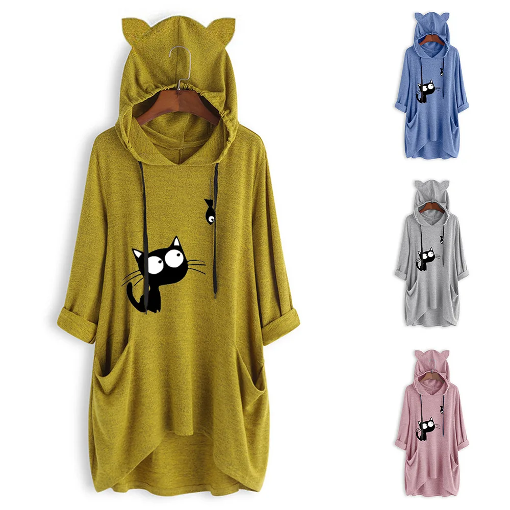 

Knitted Print Long Sleeve Pullover Hooded Top Mid Length Irregular Fashion Women Sweater