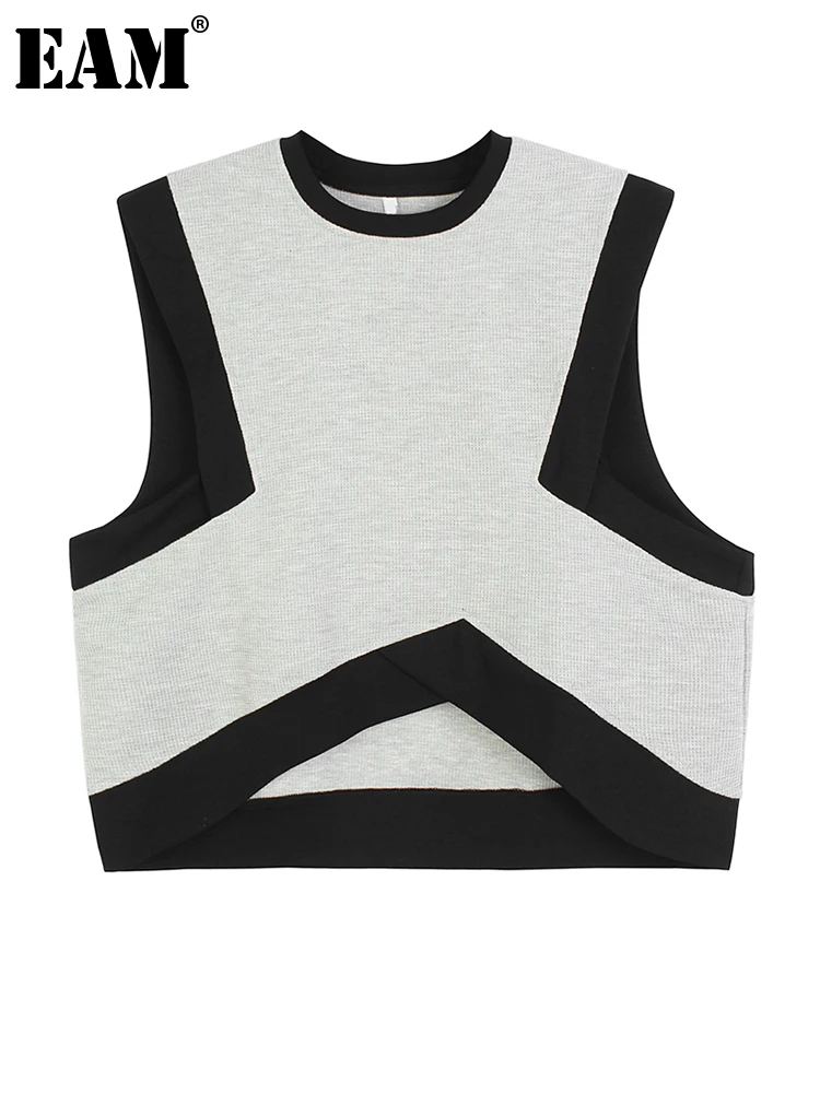 

[EAM] Women Loose Fit Gray Color-block Irregular Big Size Vest New Round Neck Sleeveless Fashion Tide Spring Autumn 2022 1DF1309