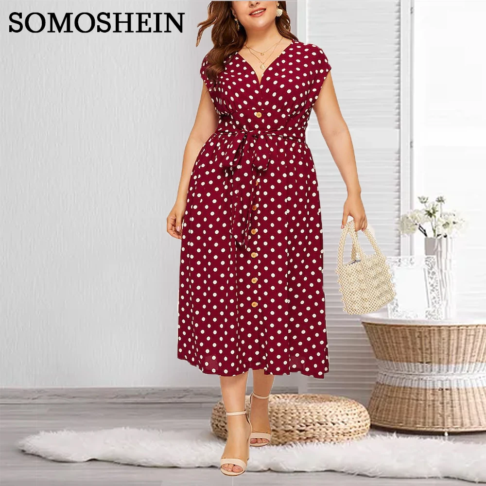 

SOMOSHEIN Plus Size Women Summer Clothing V-Neck Speckled Print Short Sleeve Dress Party Evening Dress Wholesale Dropshipping