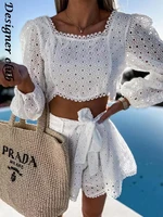 sexy beach short sleeve crop tops and short pants suit two piece setparty lace shorts outfits square collar
