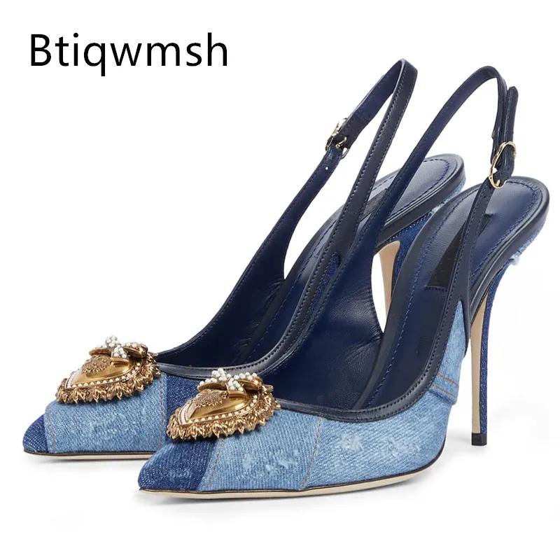 

Blue Denim Gladiator Sandals Women Pointed Toe Gold Metal Heart Slingback Thin High Heels Woman Sexy Party Shoes