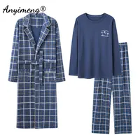 3pcs Men's Robe Gown Pajamas Plus Size 4XL Leisure Homesuit Plaid Pajamas+Robe Long Sleeved Autumn Winter Soft Cotton Sleepwear