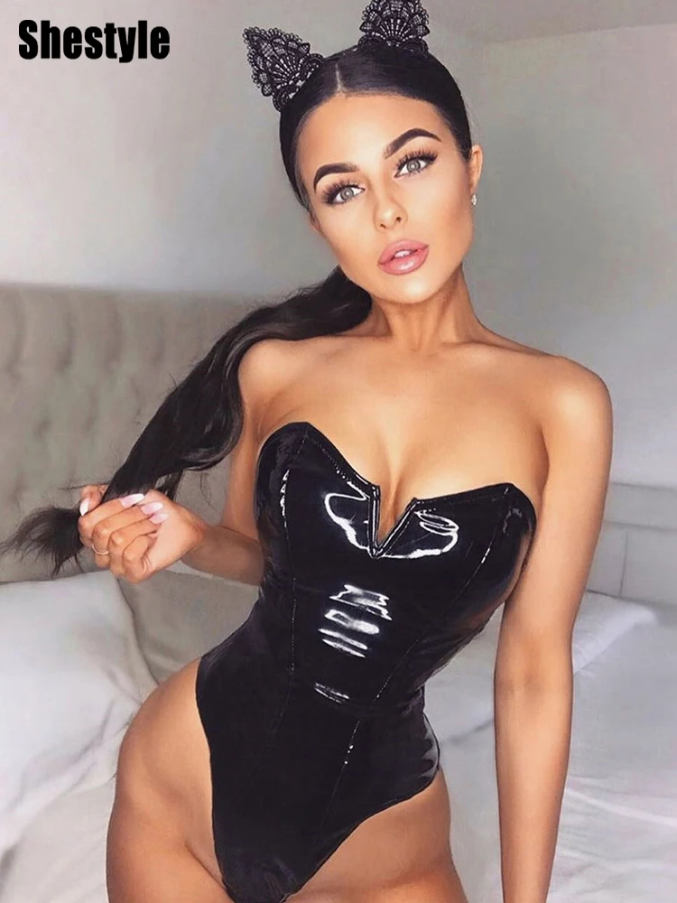 

Женское блестящее верхние боди-труба Shestyle из искусственной кожи с V-образным вырезом, без бретелек