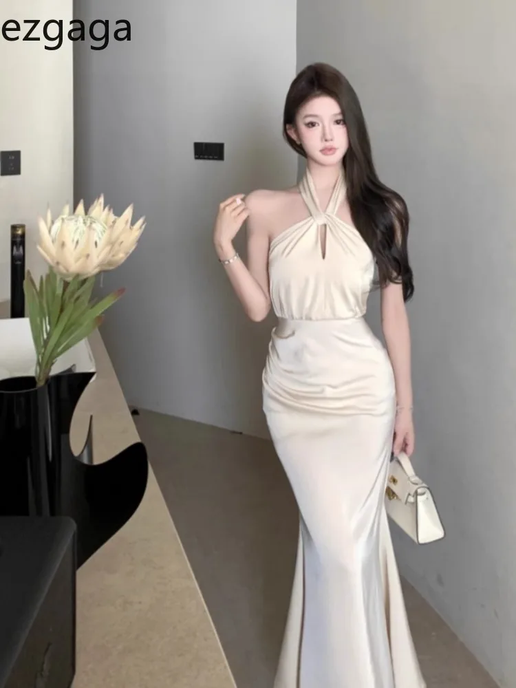 Ezgaga темпераментные платья женские атласные без рукавов с лямкой на шее