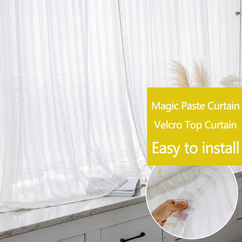 

Yaapeet Punch-Free Semi Sheer Curtains Magic Paste Striped Self-Adhesive Velcro Tulles Door Window Drapes for Living Bedroom