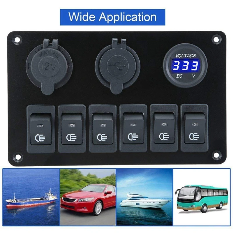 

6 Gang Switch 12v LED Digital Voltmeter Panel Power Dual USB Charger Toggle Control For Camper Caravan Car Boat Marine