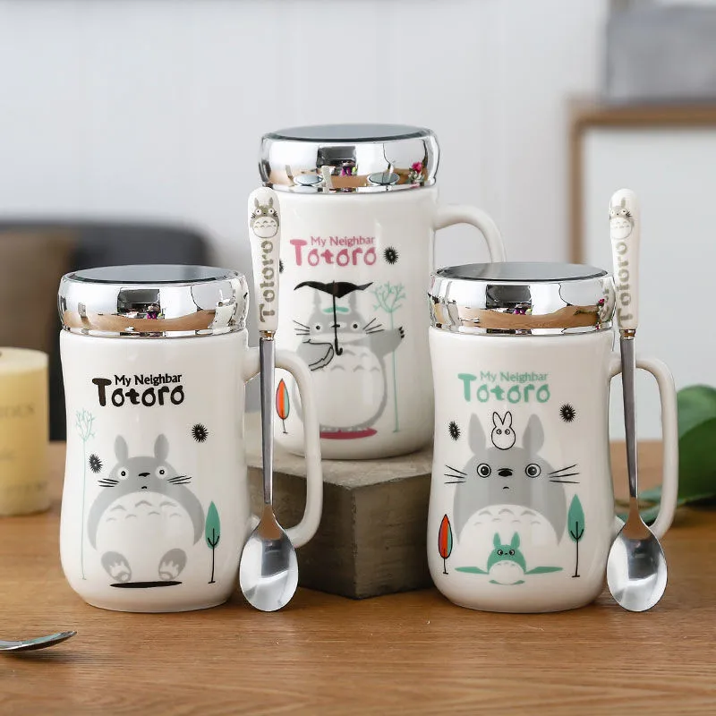 

Ceramic Cartoon Totoro Lover Coffee Mug with Lid and Spoon Large Capacity Lovely Office Water Tea Cup Birthday Gift