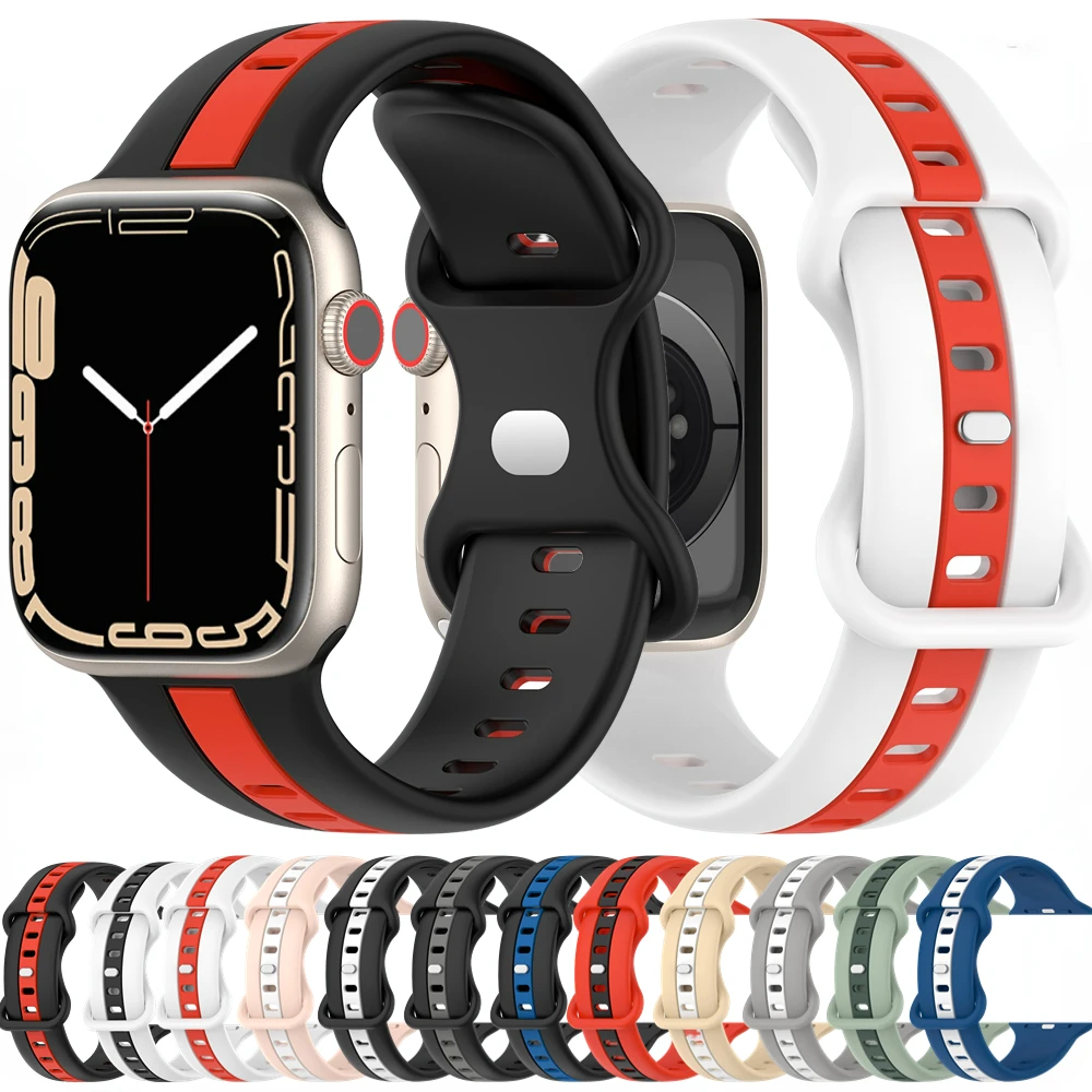 

Ремешок силиконовый двухцветный для Apple Watch Band, браслет для iWatch Series 8 Ultra 7 SE 3 4 5 6, 45 мм 41 мм 44 мм 40 мм 49 мм 42 мм 38 мм