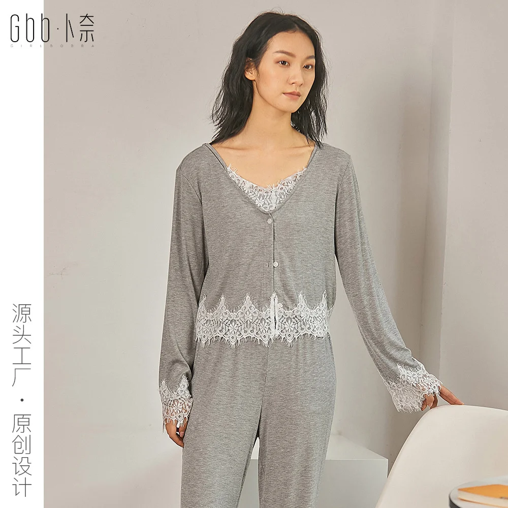 

Bunay autumn and winter women's Pajamas Pink Lace lace suspender thin three piece home clothes long sleeves can be worn out