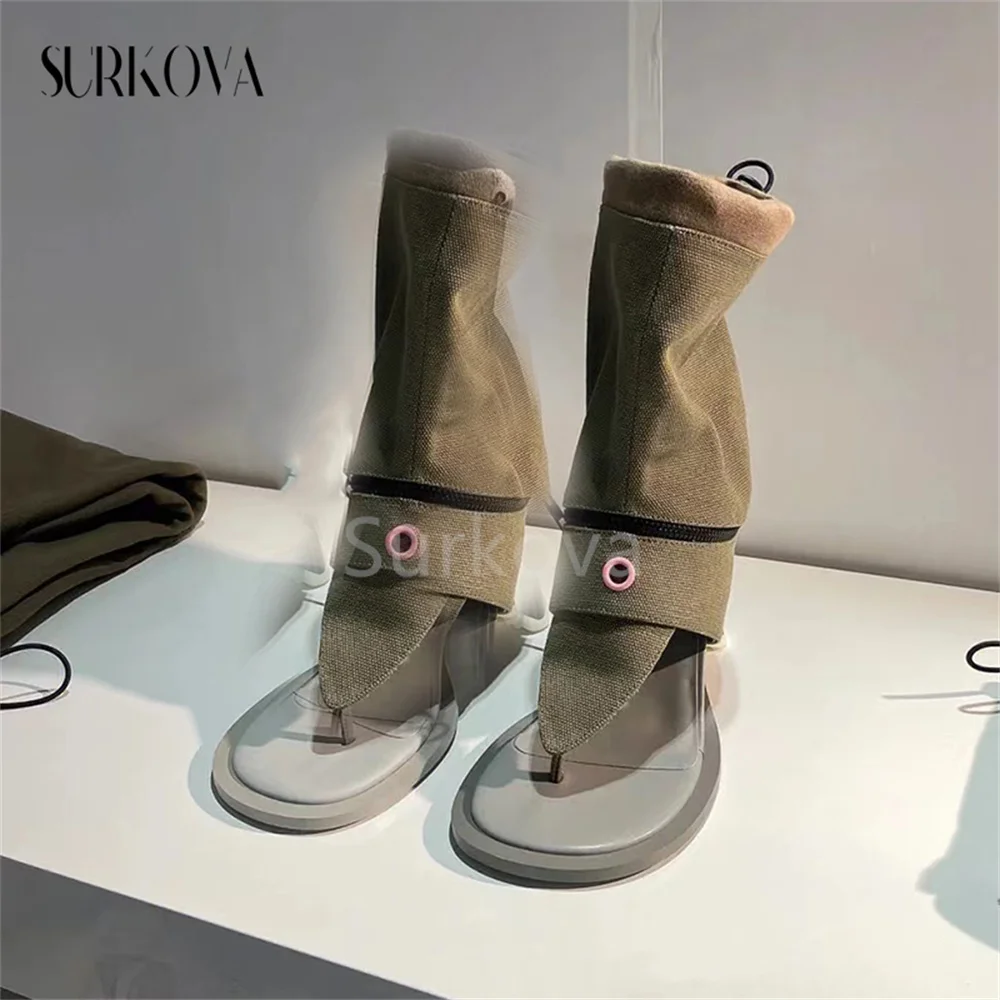 Niche Design Thong Mid-Tube Sandals Boots Women's Shoes 2023 Early Spring New Elastic Band Thick Heel High Heel Fashion Sandals