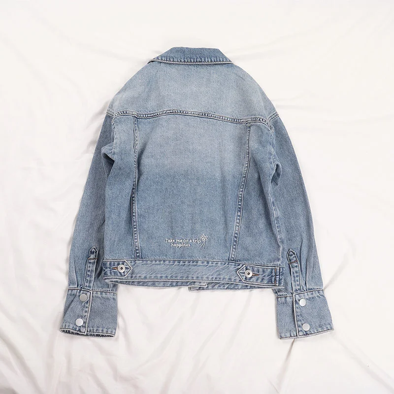 

Vintage Autumn Washed Letter Flower Embroidery Blue Short Denim Women Flared sleeve Jean Jacket Basic Coat Chaqueta Mujer