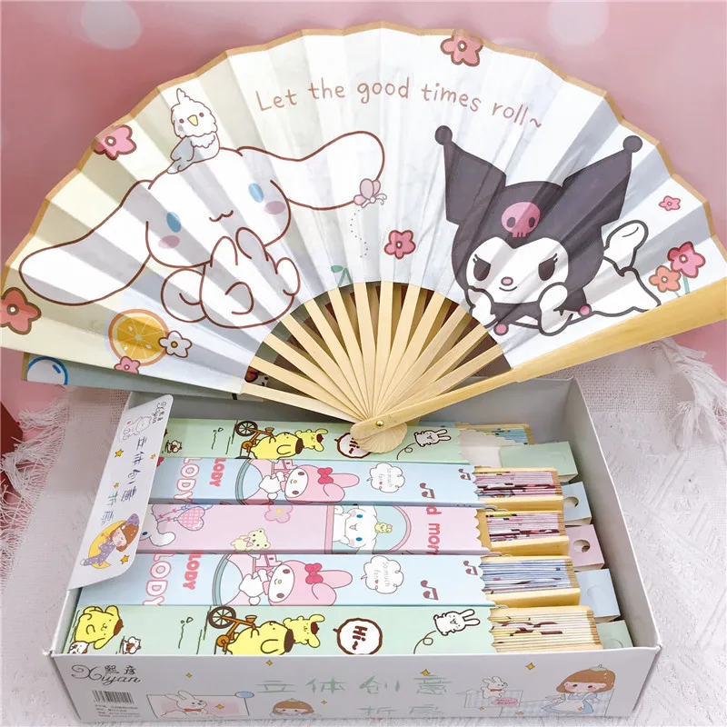 

6 Styles Kawaii Sanrioed Anime Kuromi my melody Cinnamoroll Summer 8 Inch Folding Cloth Fan Double Sided Silk Cloth Bamboo Fan
