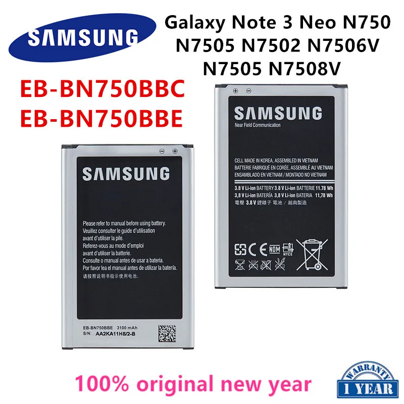 

SAMSUNG Orginal EB-BN750BBC EB-BN750BBE 3100mAh Battery For Samsung Galaxy Note 3 Neo N750 N7505 N7502 N7500Q N7506V N7508V E510