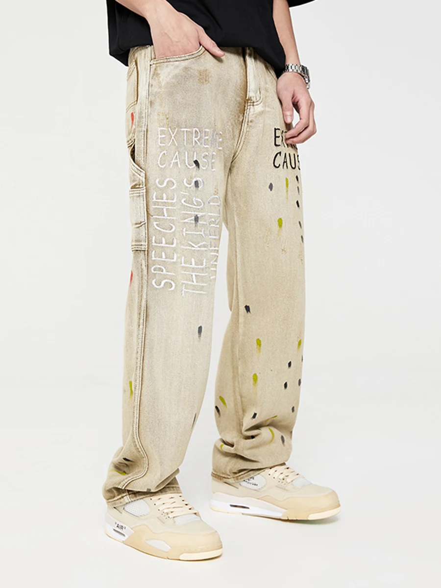 American High Street Ink Embroidery Y2k Straight Jeans Men's Trend Loose Design Small Wide Leg Trousers Streetwear Ins Hot Sale