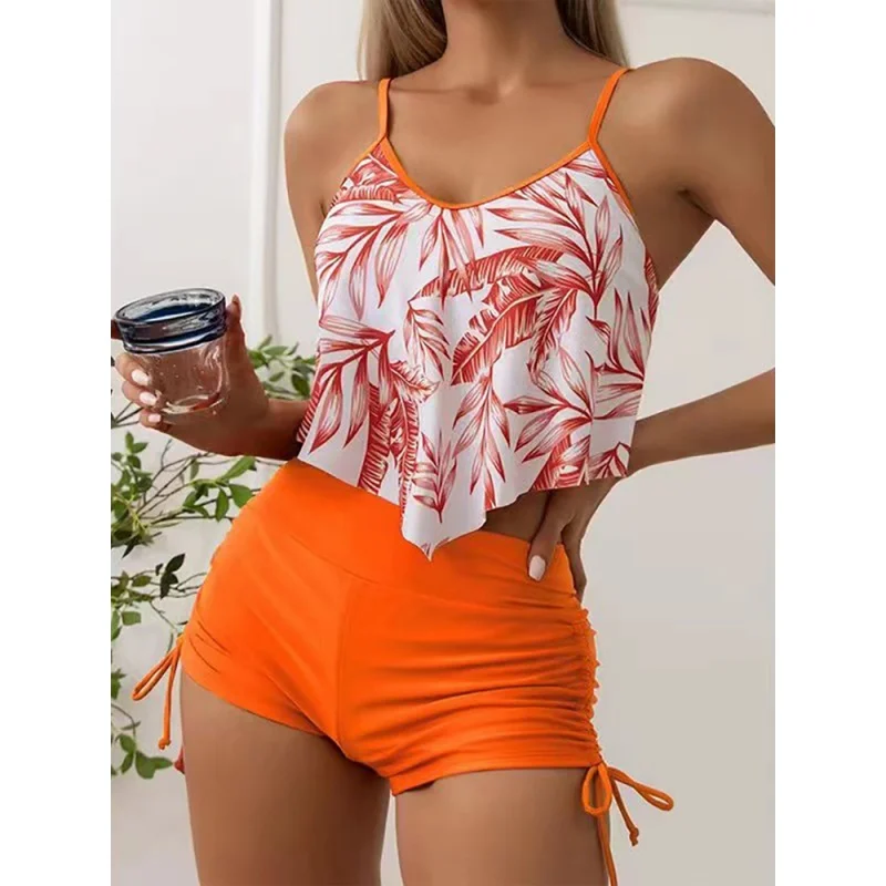 

Новинка 2023, пляжная одежда для отдыха с открытой спиной, пуш-ап, женский купальник с принтом листьев и V-образным вырезом, комплект из двух предметов, боксеры-бикини с рюшами