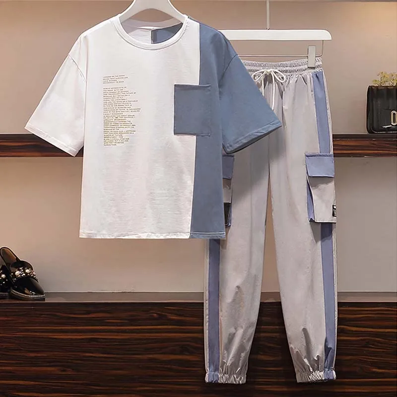 

Женский трикотажный костюм из 2 предметов, футболка с коротким рукавом и бисером и принтом букв в Корейском стиле, повседневный синий костюм большого размера для спорта, XL