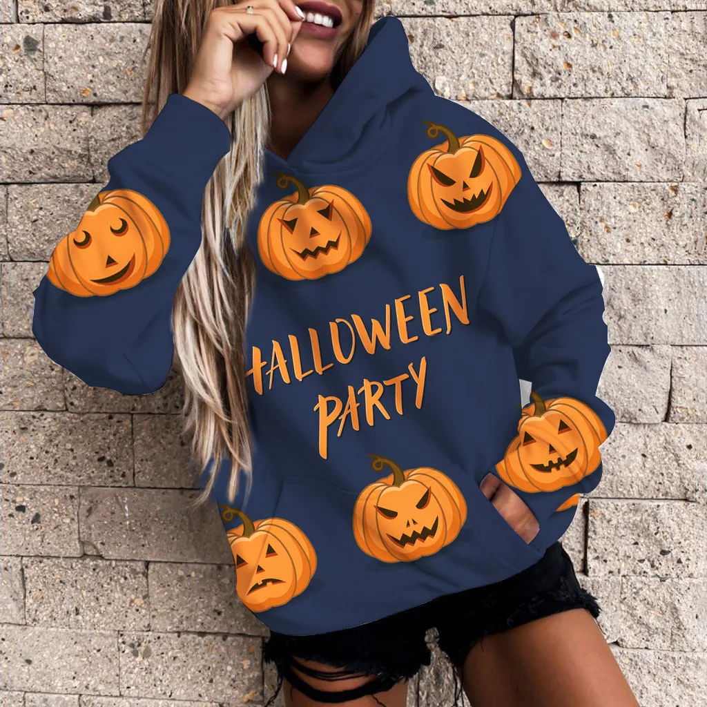 

Women's fashion hooded sweater Halloween pumpkin digital printing top