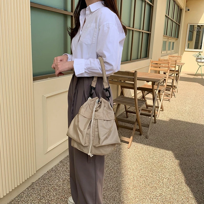 Large Capacity Nylon Single shoulder bag for women Travel Shopper Bag Drawstring Bucket Bag Casual Crossbody Bag