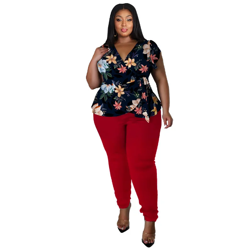 Plus Size Women Clothing Two Piece Sets Summer Short Sleeve v Neck Printing Top and Pant Sui 3xl 4xl 5xl 6xl