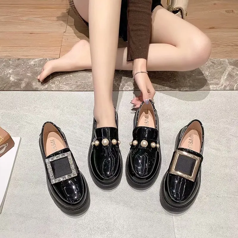 Black Mary Jane Women's Pearl Rhinestone Hedging Women's Loafers Spring and Autumn 2022 Thick-soled Cute Chunky Oxford Flats