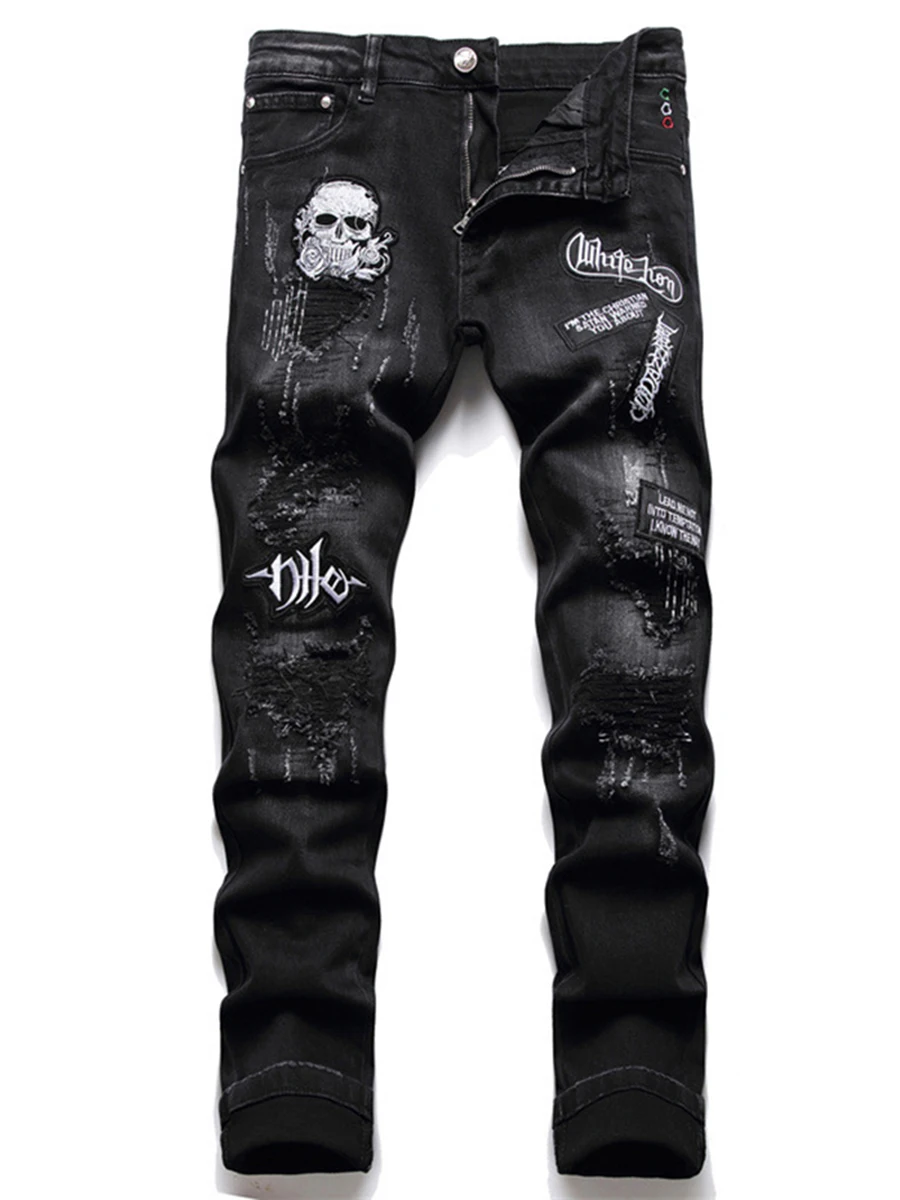 Four Seasons Punk Skull Street Jeans Men Hole Embroidery Letters Hole Harajuku Hip-hop Jeans Fashion Slim Jeans Men Ins Hot Sale