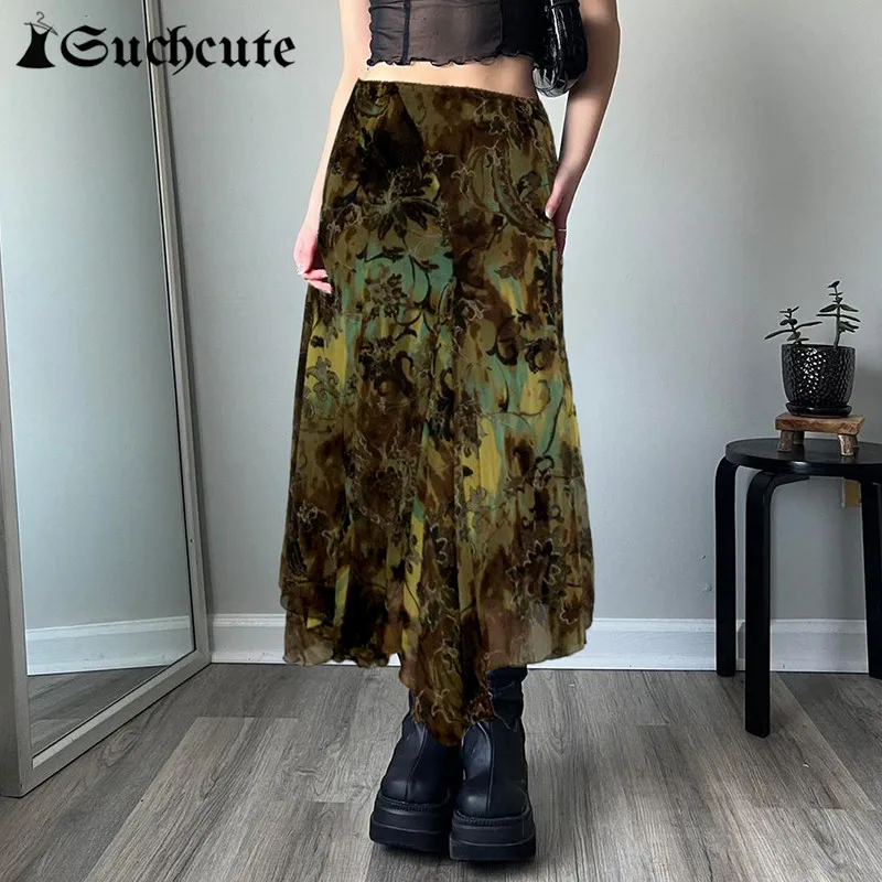 

SUCHCUTE Vintage Fairycore Tie-dye Print Midi Skirts Harajuku Streetwear Low Rise Gothic Skirts Women Grunge Green y2k Clothes