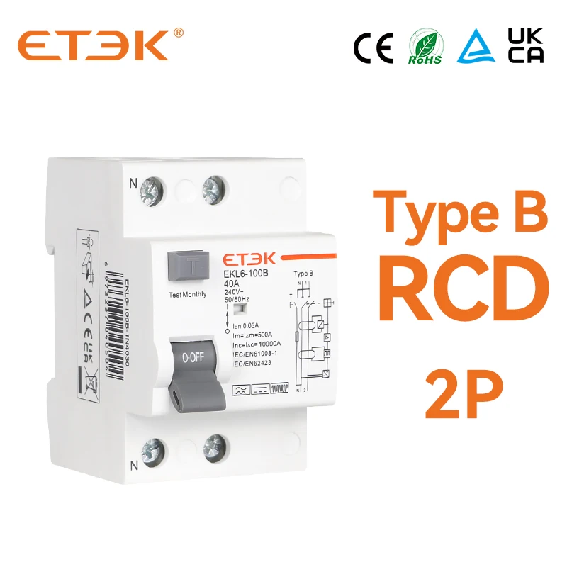 

ETEK RCD Type B Evse 2P 2Poles DC Earth Leakage Circuit Breakers RCCB 40a 63a 100a 30ma EKL6-100B 10KA Din Rail 220V