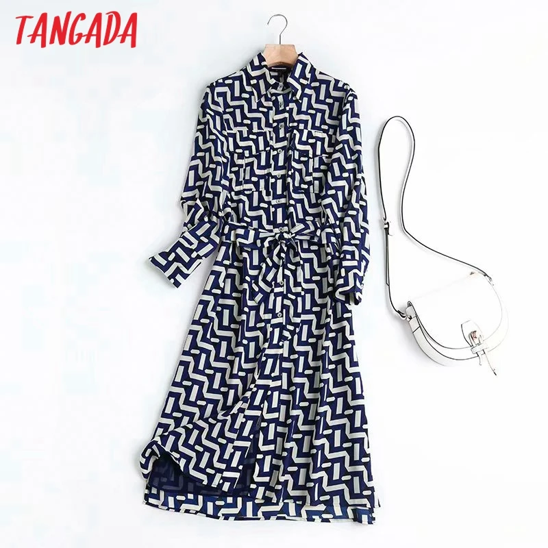 

Tangada Fashion Women Geometry Print Shirt Dress with Slash New Arrival Long Sleeve Ladies Midi Dress Vestidos 4C69
