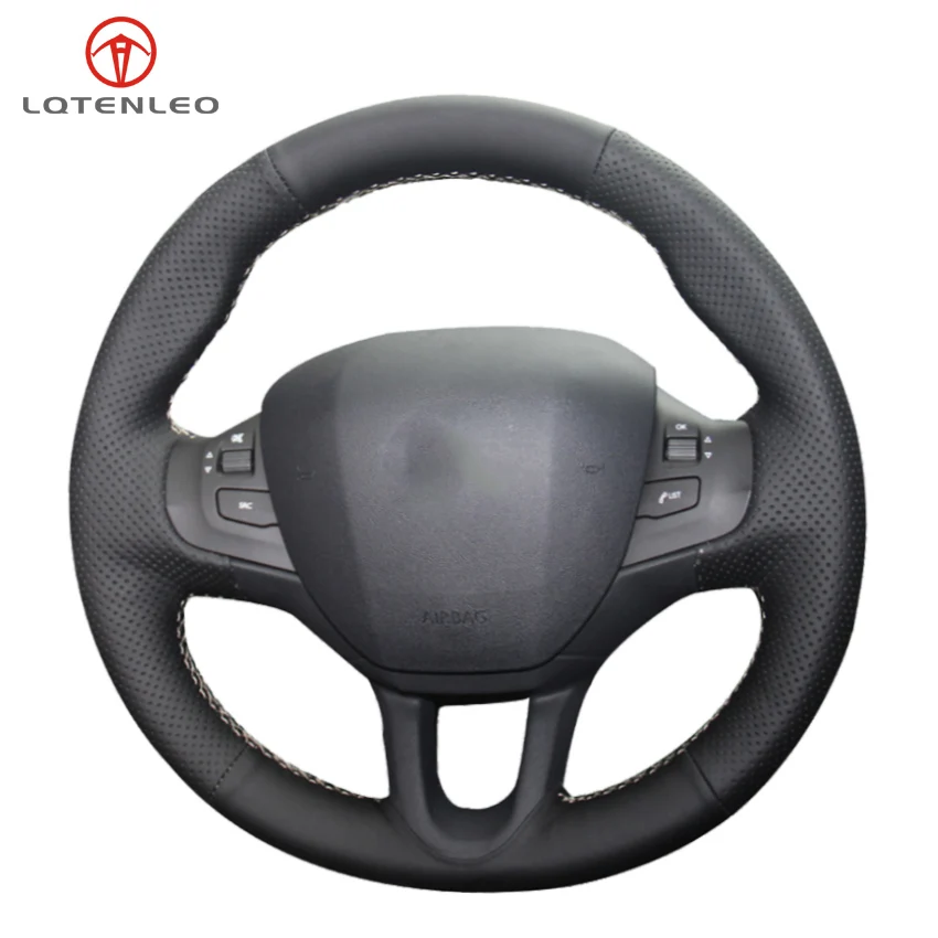 

LQTENLEO Black Genuine Leather Hand-stitched Car Steering Wheel Cover for Peugeot 208 2011-2019 2008 2013-2019 308S 2015