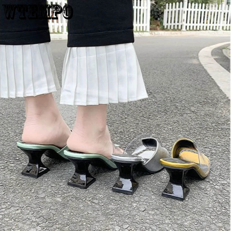WTEMPO Women's Open Toe Fashion Pump Heel Sandal Ladies Patchwork Transparent Square Open Toe Slides Wholesale Dropshipping