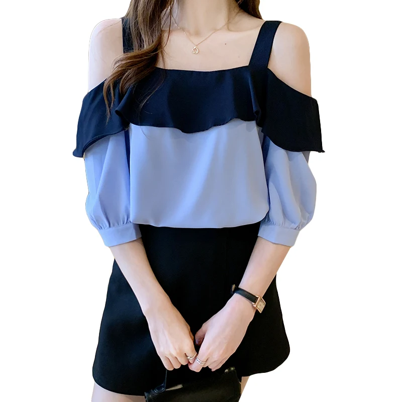 

Fashion Women Clothing 2022 Summer Ladies Tops Solid Sexy Blouses Spliced Puff Sleeve Solid Casual Chiffon Slash Neck Blusa 2870