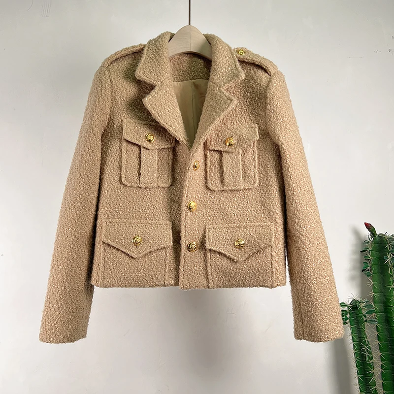 Женская шерстяная твидовая куртка маленькая винтажная кофейного цвета с