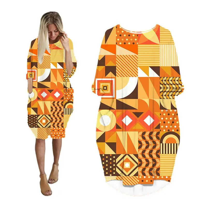 

Женские платья с геометрическим рисунком, модная женская одежда в Корейском стиле с длинным рукавом, Летняя женская одежда больших размеров, женское платье миди