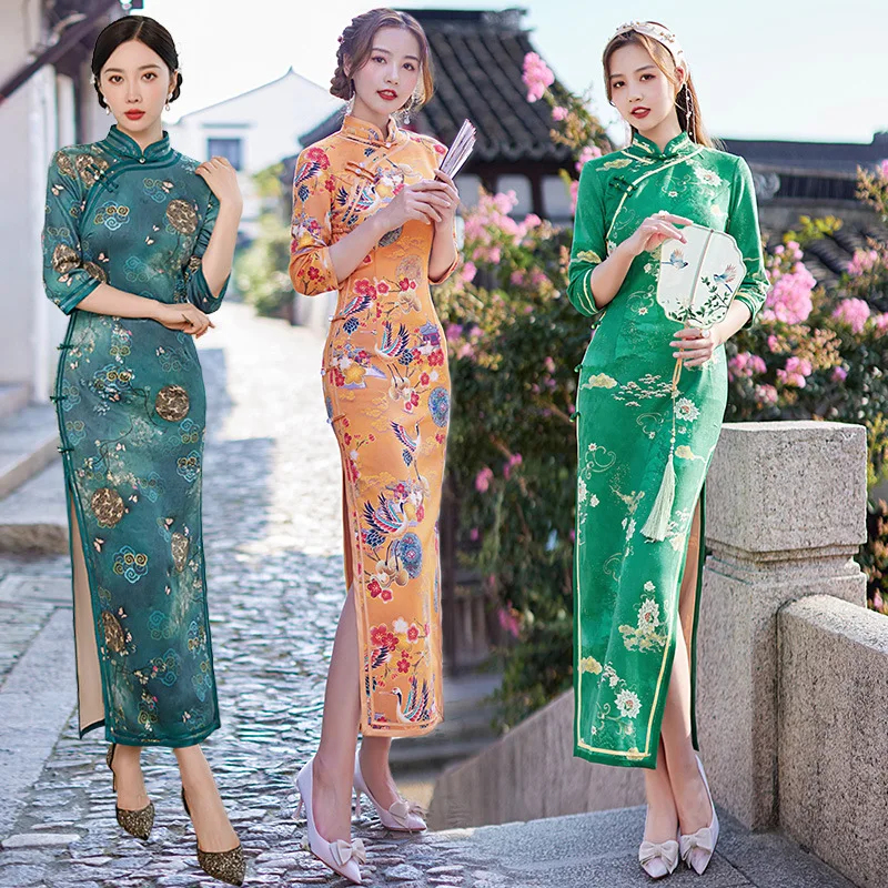 

Women Autunm Winter New Print Qipao Social Etiquette Lady Dress Chinese Traditional Female Vintage Button Cheongsam