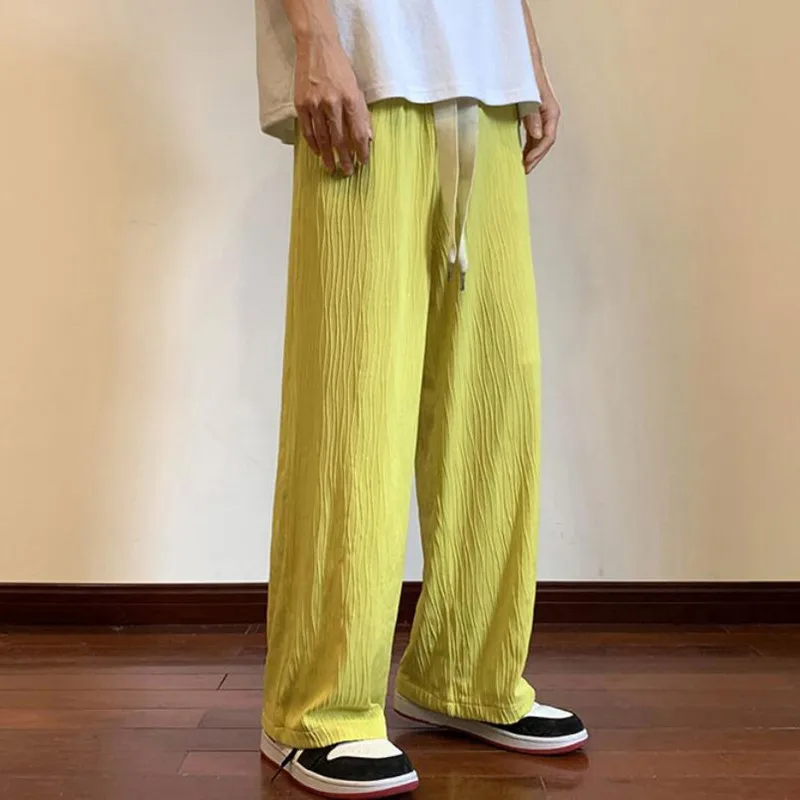 

Summer 4-color Pleated Pants Men Fashion Casual Wide-leg Pants Men Streetwear Korean Loose Straight Ice Silk Pants Mens Trousers