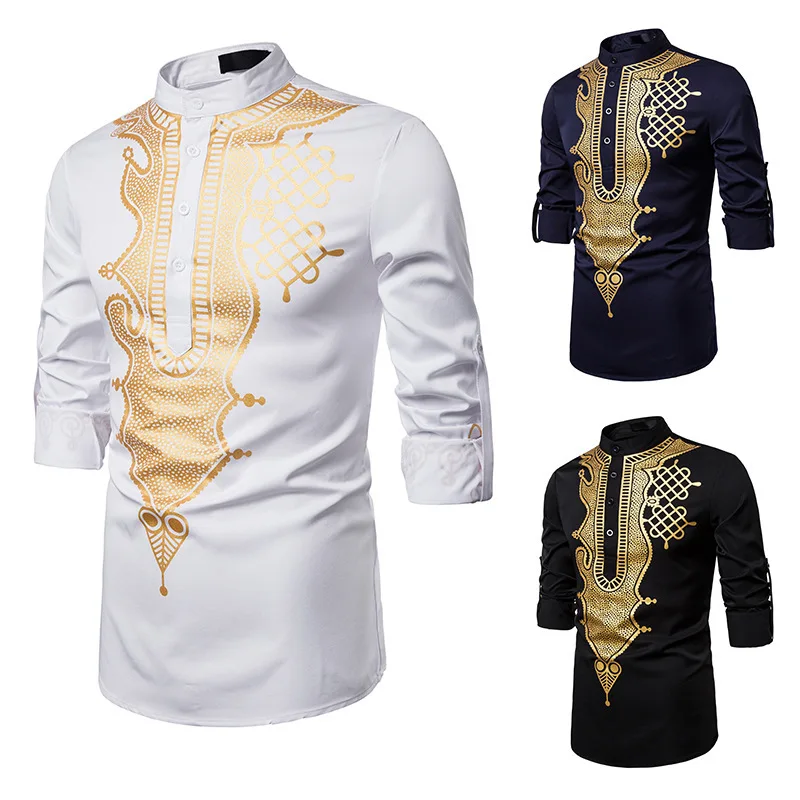 Men's casual fashion hot coating shirt totem long shirt Muslim straight shirt