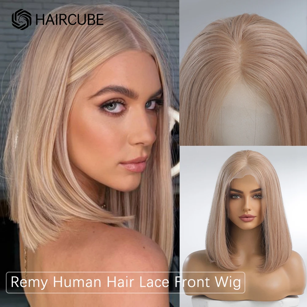 HAIRCUBE Warm Blonde Human Hair 13x5x1Lace Front Wig Light Brown Shoulder Long Straight Bob Wigs for Women Remy Hair Middle Part