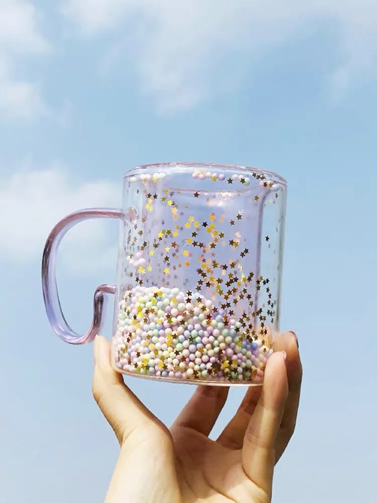 

250ml Pink Girl Heart Double Glass Cup and Bubble Cup Japan and Korea Style Heat Insulation Anti-scalding Beverage Juice Glass