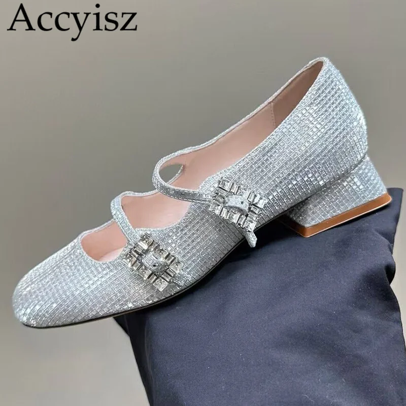 

Spring Crystal Buckle Low Heel Mary Jane Shoes Women Round Toe Leather Pumps Fashion Single Shoes Shallow Mouth Walking Shoes