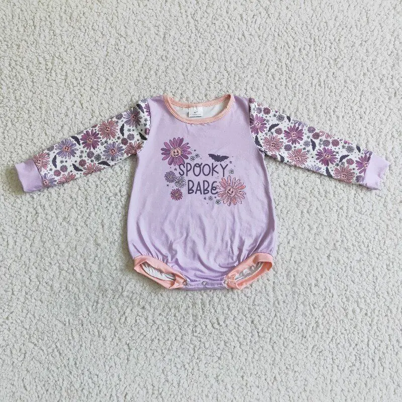 

Floral printed letters pattern purple long sleeve hidden button autumn winter new arrival baby clothing girls romper wholesale