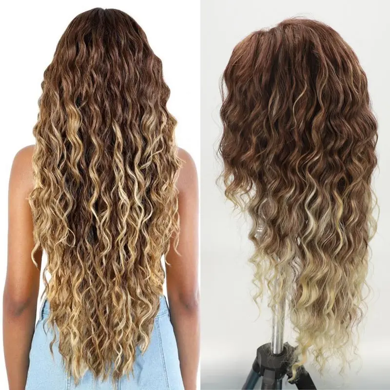 

Long Curly Hair Wig for Women Synthetic Wig Brown Roots Ombre Blonde Curly Wavy Hair Body Wave Wig Costume Party Wig Perruque