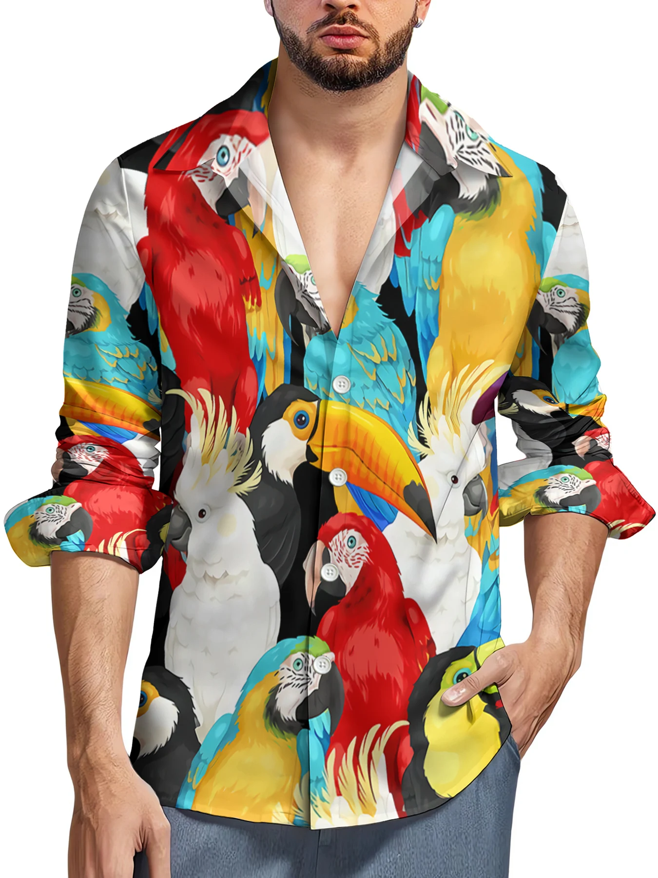 

HX Animal Birds Men's Shirts Scarlet Macaw Parrot Printed Long Sleeve Shirt for Men 3D Graphic Tops Beach Shirts Dropshipping