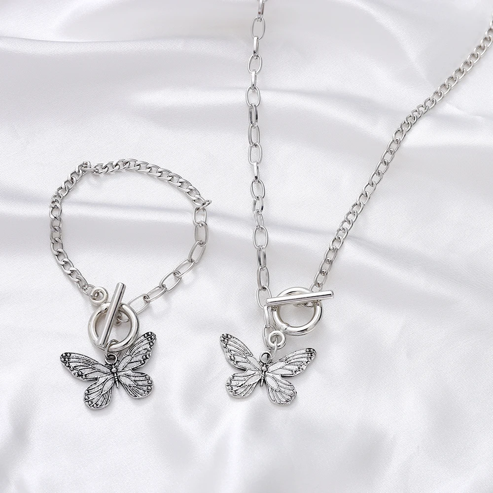 

Vintage Style Silver Butterfly Pendant Necklace Ladies Same Style Fashion Punk Bracelet Girls Party Gift Jewelry