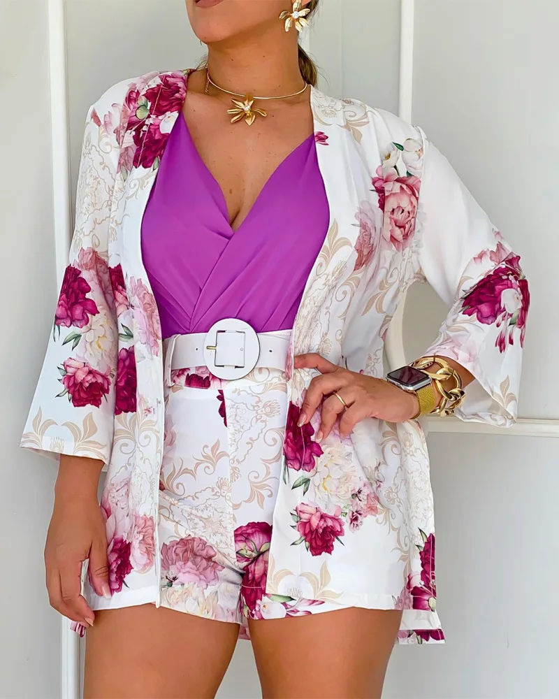 

Floral Print Open Front Top & High Waist Shorts Set Women 2pcs Clothes Suit Spring Summer Long Sleeve Blazer Jacket Shorts Pants